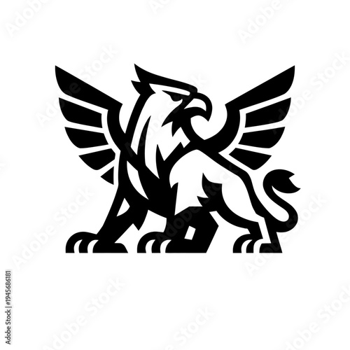 Powerful stylized black and white griffin logo with spreading wings, representing strength, nobility, and mythical power, ideal for branding, emblems, or fantasy themes, featuring a majestic eagle hea