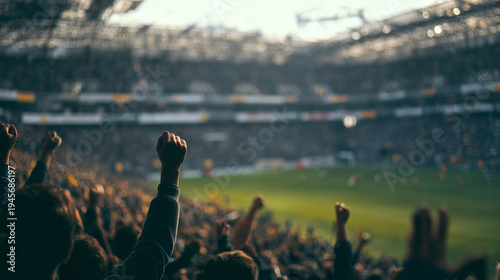 Cheering fans in stadium focus on field