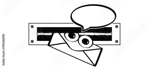 Cartoon, comic door letterbox for front door with draft brush. Open letterbox or mailbox for house door. Post icon. Postbox concept. Black mailboxes. Marcotte with envelope and face