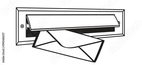 Cartoon, comic door letterbox for front door with draft brush. Open letterbox or mailbox for house door. Post icon. Postbox concept. Black mailboxes. Marcotte with envelope and face