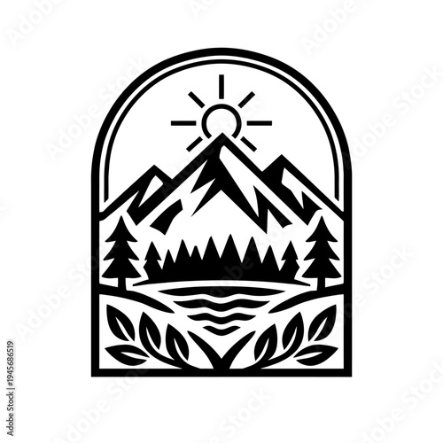 Stunning Black & White Mountain Landscape Emblem with Bright Sun, Majestic Jagged Peaks, Dense Pine Forest, Serene Lake, and Lush Foliage - Ideal for Outdoor Adventure, Wilderness Exploration, and Nat