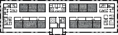 Floor plan of a building with multiple rooms and corridors isolated on transparent background