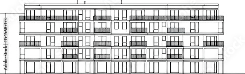Architectural drawing of a multi story building with balconies isolated on transparent background