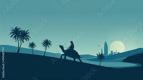 illustration of a lone rider on a galapagos turtle is crossing sand dunes. In the background, a grand city skycraper and palm trees 