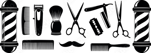 Barber shop equipment silhouette collection, hair salon tools with scissors comb razor brush mustache and barber pole, grooming service vector, designs.