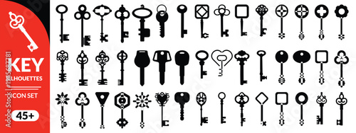 Antique key silhouettes. Medieval and modern keys, black vintage shapes set. Open door symbols, privacy and escape. Abstract tidy vector elements
