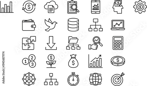 Business finance and strategy line icon set with growth chart investment money planning symbols minimal outline vector illustration
