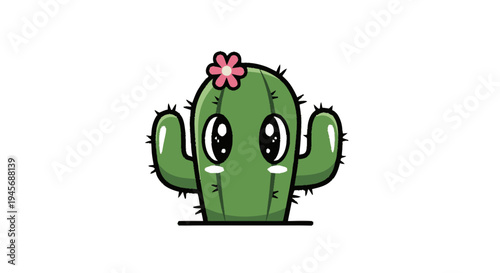 Cute Cartoon Cactus Character with Flower.