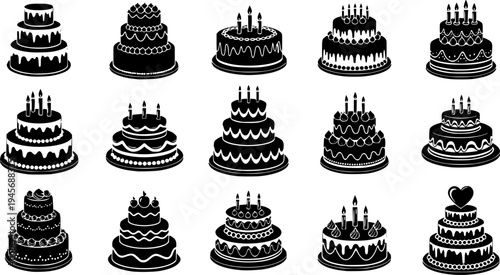Solid black silhouette of a tiered celebration cake, minimalist wedding and birthday bakery vector illustration isolated on white.