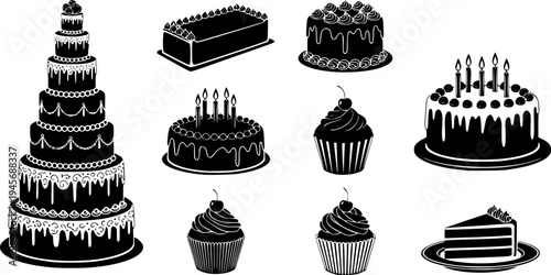 Solid black silhouette of a tiered celebration cake, minimalist wedding and birthday bakery vector illustration isolated on white.