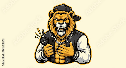 Lion Character Wearing Black Cap and Jacket.