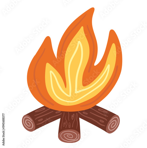 Vector camp fire illustration, burning fire and wooden logs simple graphic for camping, hiking and outdoors designs