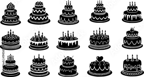 Solid black silhouette of a tiered celebration cake, minimalist wedding and birthday bakery vector illustration isolated on white.