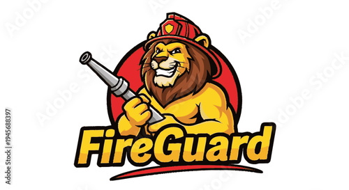 Lion Firefighter Cartoon Character Holding Hose.