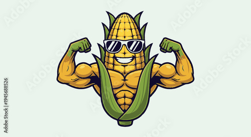 Muscular Cartoon Corn Character with Sunglasses.