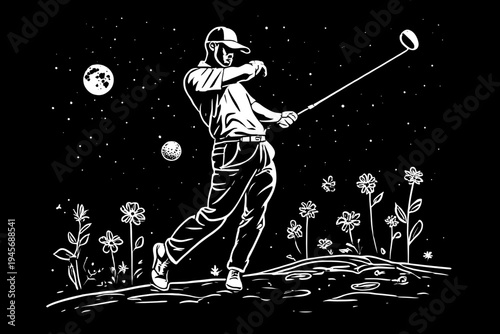 Dynamic black and white illustration of a golfer's powerful swing on a surreal, starlit golf course. Vector art combines athletic focus with an imaginative cosmic landscape