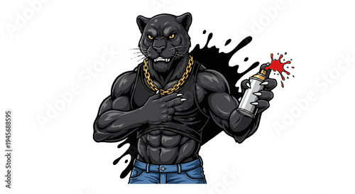 Muscular Cartoon Panther with Spray Paint Can.