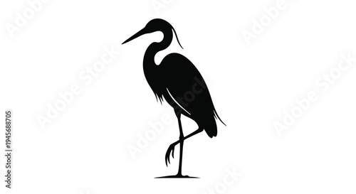 Elegant black silhouette of a slender wading bird, likely a heron or egret, standing gracefully on one leg against a stark white background for branding.
