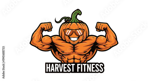 Muscular Cartoon Pumpkin Character Flexing Arms.