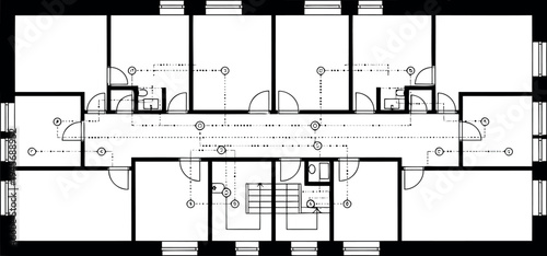 Black and white architectural floor plan isolated on transparent background