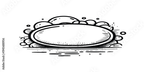 Hand-drawn oval shape with sketched bubbles and lines, blank graphic design element, black and white, space for text, text placeholder, hand sketch