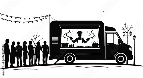 A long line of diverse patrons patiently waits outdoors for gourmet items from a brightly lit food truck featuring a chef silhouette preparing food under string lights.