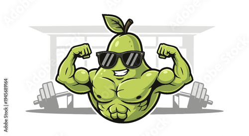 Muscular Pear Character with Sunglasses Flexing.