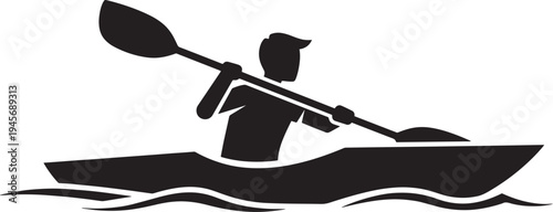 Black silhouette of a person kayaking on water with paddle