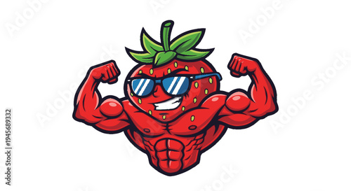 Muscular Strawberry Cartoon Character with Sunglasses.