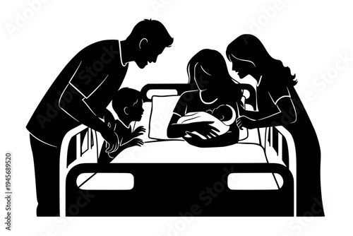 Family Welcoming New Baby in Hospital Bed Sibling Meeting Newborn Expansion Birth Black Vector Silhouette