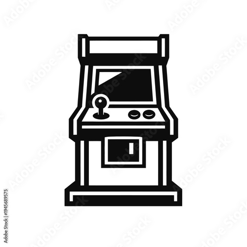 Iconic retro arcade game machine vector icon in classic black and white, featuring a vintage joystick and buttons. This represents old-school video game entertainment, nostalgic amusement, gaming cult