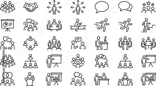 Business teamwork and communication line icon set with meeting collaboration leadership presentation symbols minimal outline vector illustration collection
