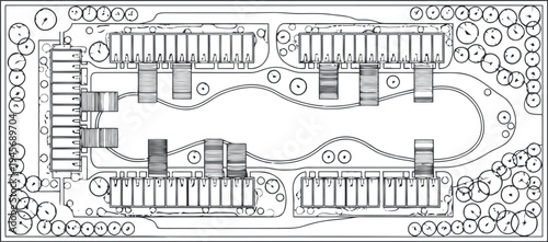 A black and white blueprint of a symmetrical garden or park layout isolated on transparent background