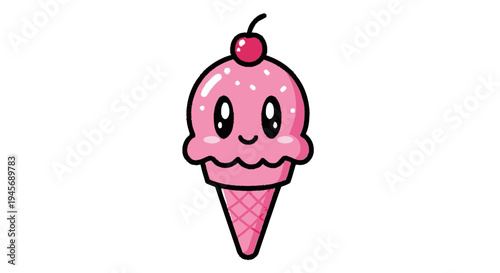 Pink Cartoon Ice Cream Cone with Cherry.