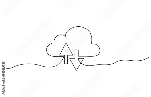 Continuous single line drawing of cloud storage silhouette. One line art cloud storage. Cloud computing global big data information web exchange concept design one sketch doodle outline drawing vector