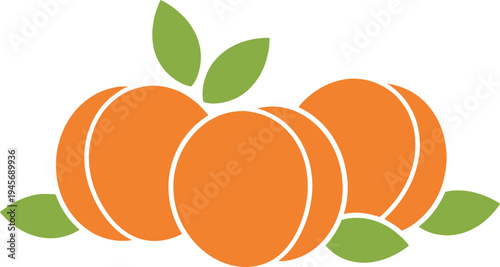 Orange apricots with leaves, simple vector illustration on transparent backdrop