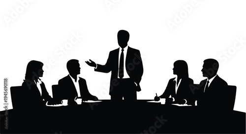 Executive leadership team gathers around a conference table as a commanding male figure presents key business strategies in a stark, professional black and white silhouette format.