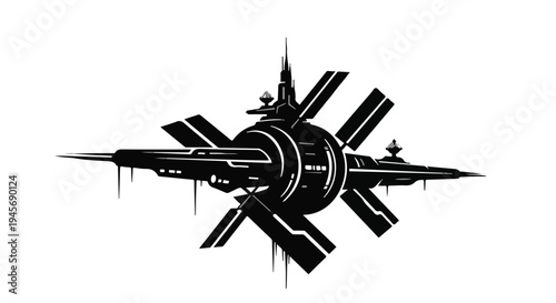 Futuristic dark space station design features prominent radial solar arrays and sharp symmetrical metallic appendages against a stark white background, suggesting advanced interstellar technology.