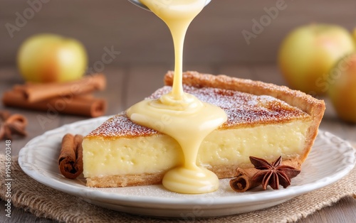 Creamy Custard Drizzled Apple Pie Slice with Spices