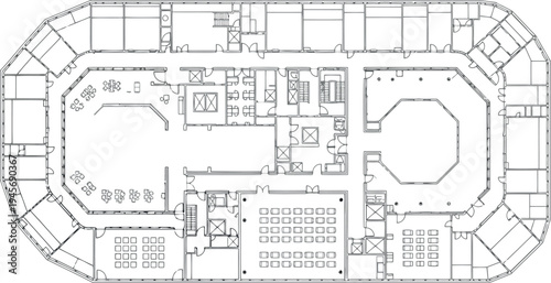 Detailed architectural floor plan with various rooms and spaces isolated on transparent background