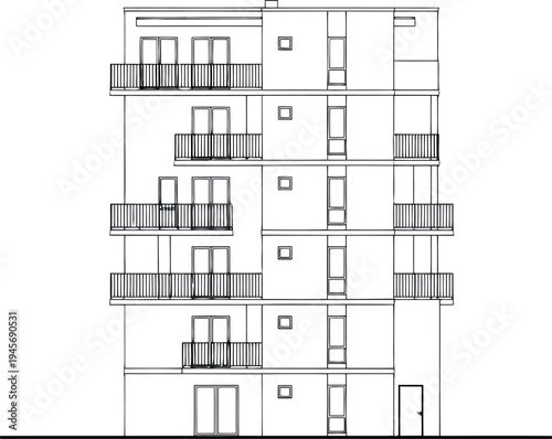 Architectural drawing of a multi story building with balconies isolated on transparent background