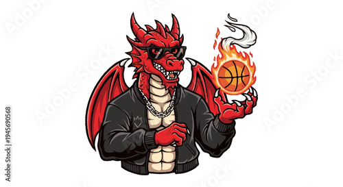 Red Dragon Character Holding Basketball Illustration.
