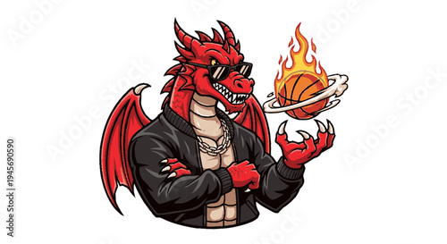 Red Dragon Character Holding Flaming Food.
