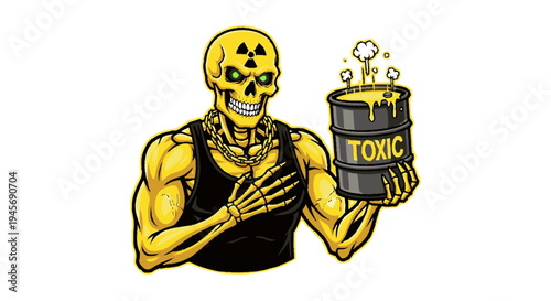 Skeleton holding toxic barrel illustration.