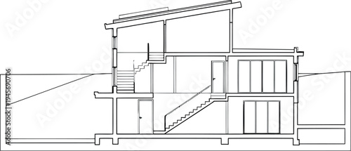 Architectural cross section drawing of a building with staircase isolated on transparent background