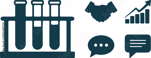 Illustrative icons representing science, collaboration, growth, and communication