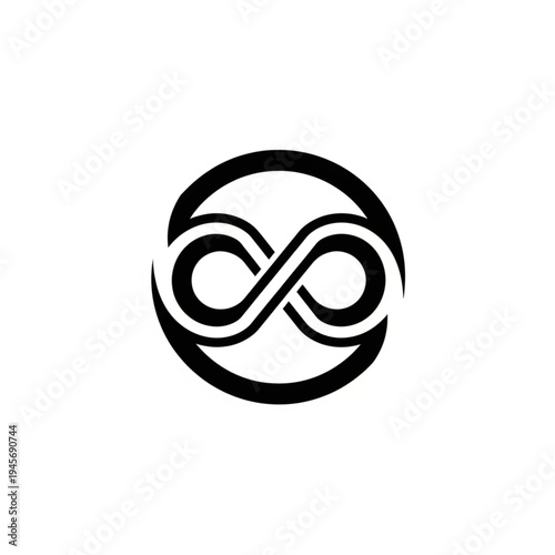 Black infinity symbol inside a circle, representing eternity, endlessness, and limitless possibilities.