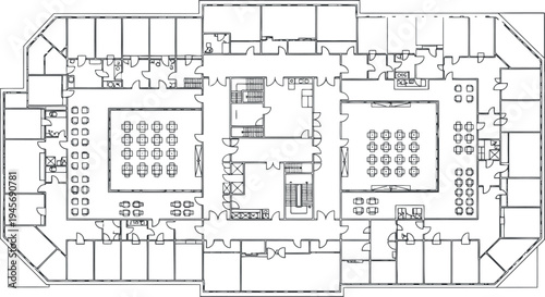 Floor plan of a large building with multiple rooms and corridors isolated on transparent background