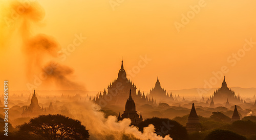 Bagan Temple Prayer Festival, warm amber gradient with glowing temple stupas and incense smoke on the left