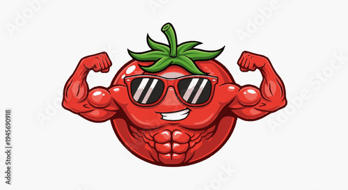 Strong Tomato Character with Sunglasses Flexing Muscles.